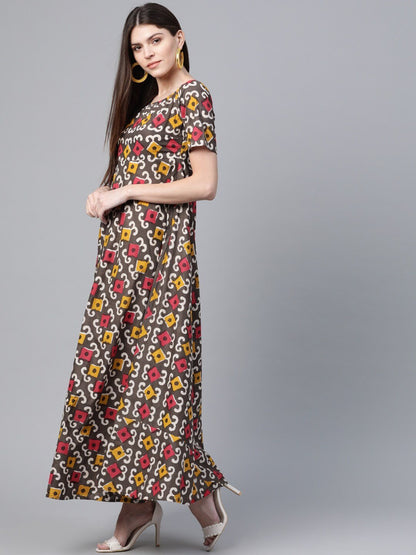 Women's  Brown & Red Ethnic Printed Maxi Dress