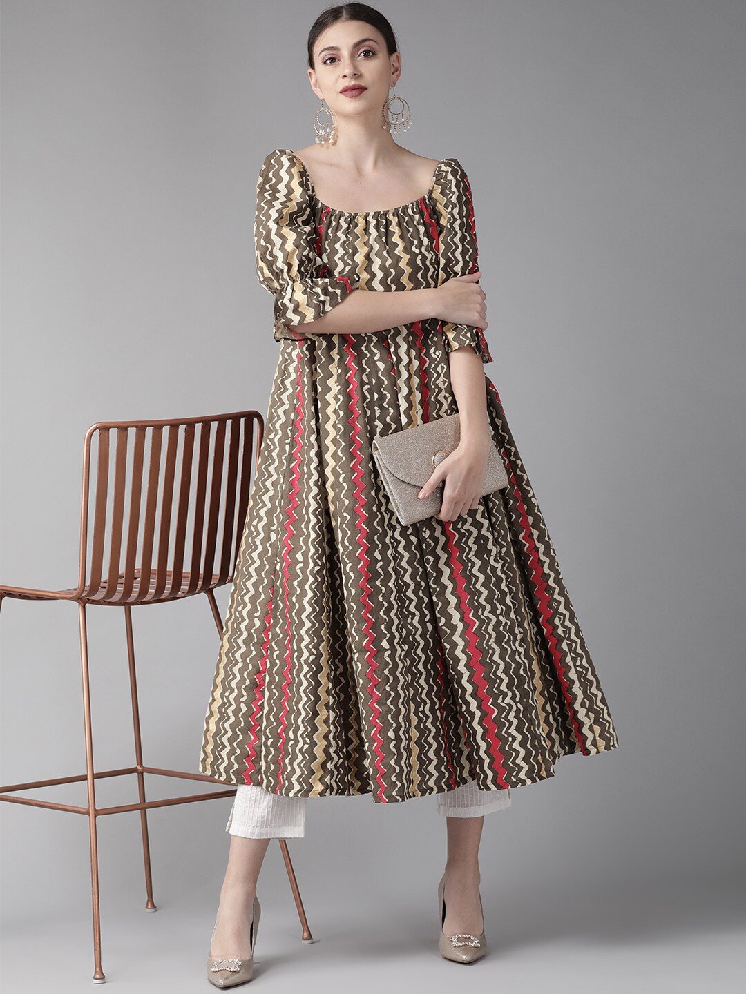 Women's  Brown & Red Striped Anarkali Kurta