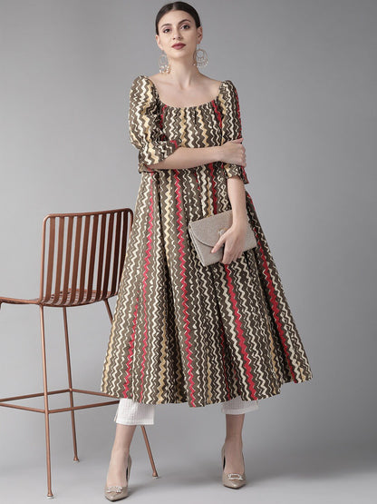 Women's  Brown & Red Striped Anarkali Kurta