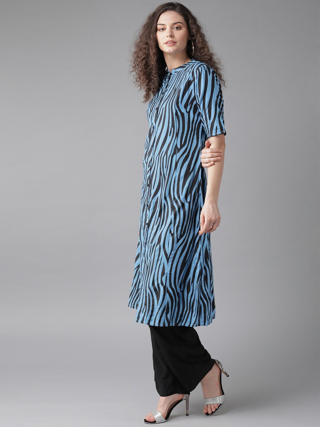 Women's  Blue & Black Printed A-Line Kurta