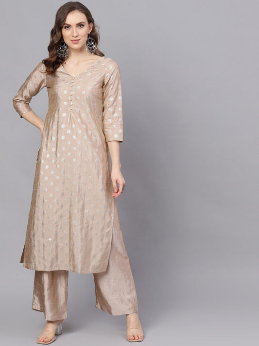 Women's  Beige & Gold-Toned Printed Kurta with Palazzos
