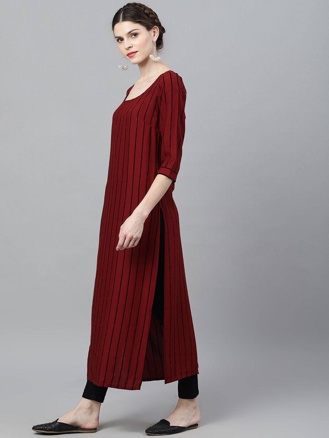 Women's  Maroon & Black Striped Anarkali Kurta