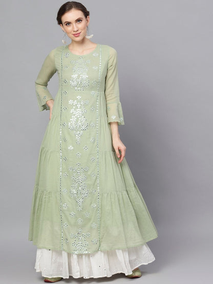 Women's  Green Embroidered Layered Anarkali Kurta