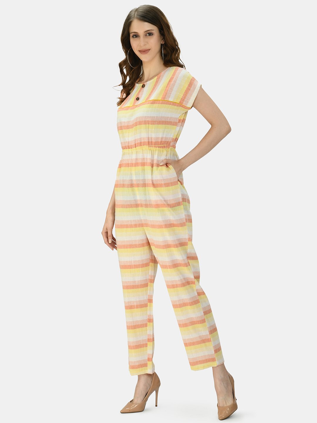 Women's Multicolor Cotton Printed Short Sleeve Round Neck Casual Jumpsuit