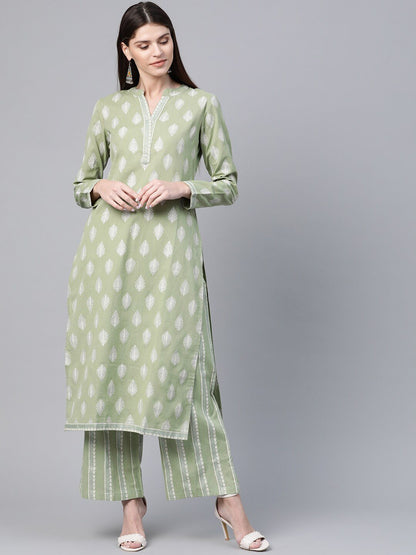 Women's  Green & White Khari Ethnic Printed Kurta with Palazzos