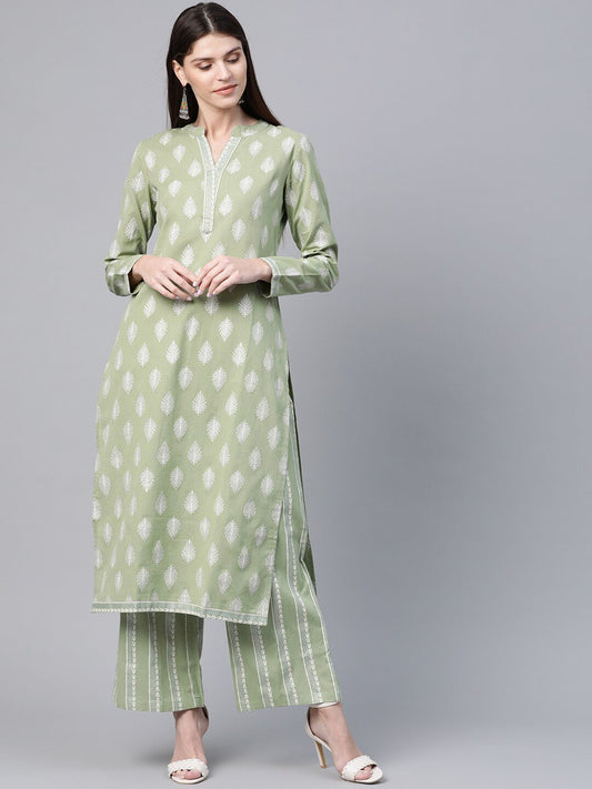 Women's  Green & White Khari Ethnic Printed Kurta with Palazzos