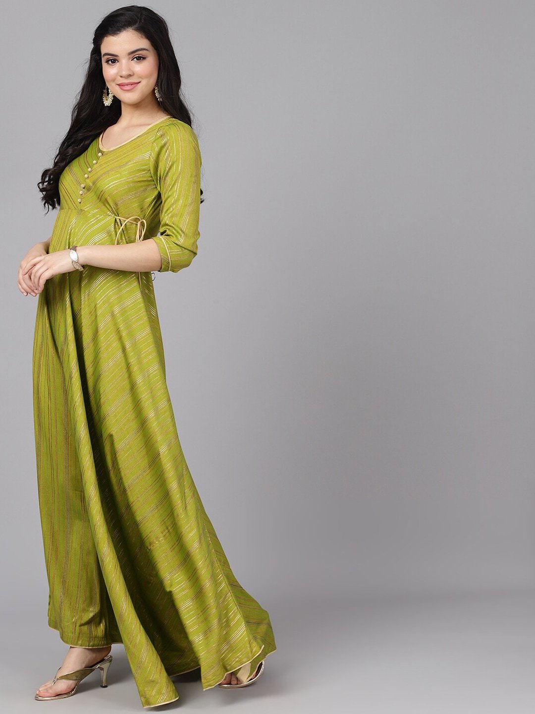 Women's  Green & Gold-Toned Striped Maxi Dress