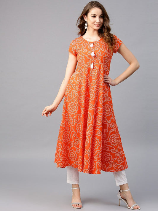 Women's  Orange & White Printed Anarkali Kurta