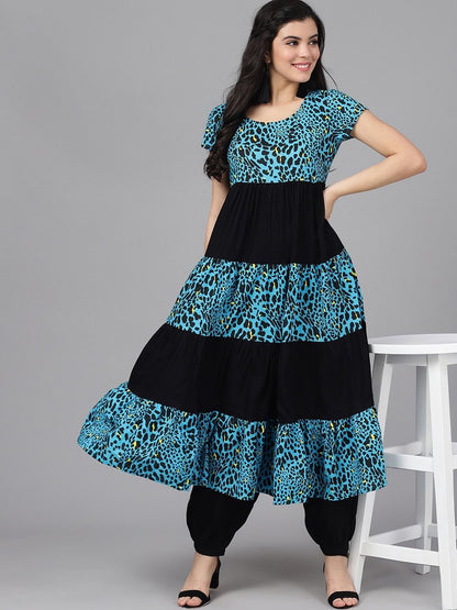 Women's  Blue & Black Animal Print Anarkali Kurta
