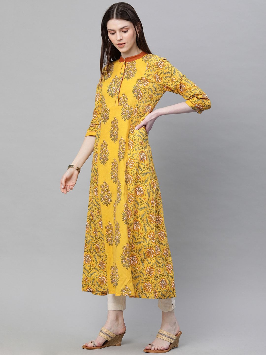 Women's  Mustard Yellow Printed A-Line Kurta