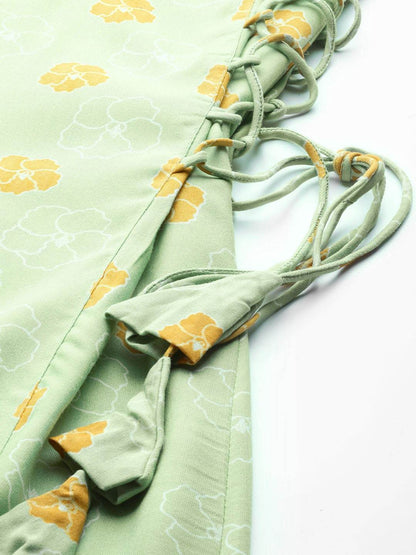 Women's  Green & Mustard Yellow Floral Printed A-Line Dress