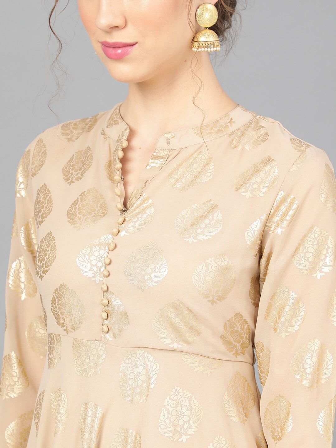 Women's  Beige & Gold-Coloured Printed Anarkali Kurta