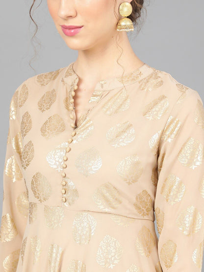 Women's  Beige & Gold-Coloured Printed Anarkali Kurta