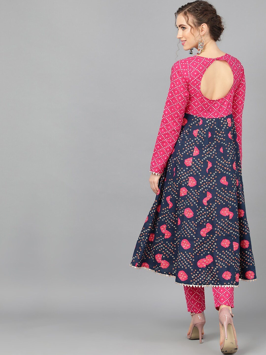 Women's  Navy Blue & Pink Bandhani Printed Anarkali Kurta