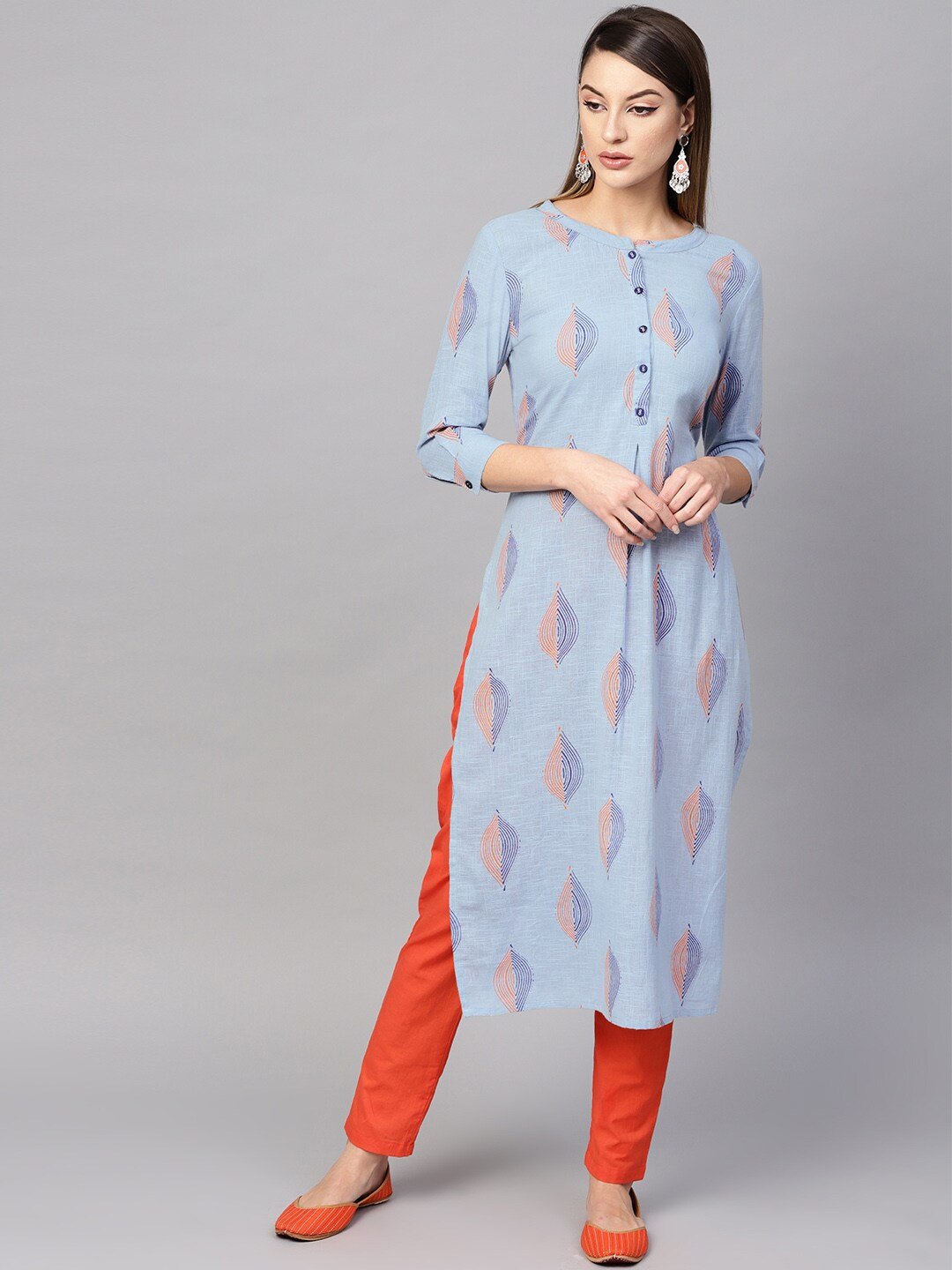 Women's  Blue & Orange Printed Straight Kurta