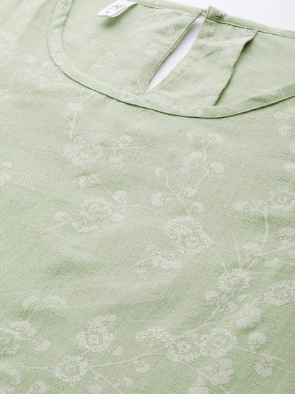 Women's  Green & White Floral Printed Straight Kurta
