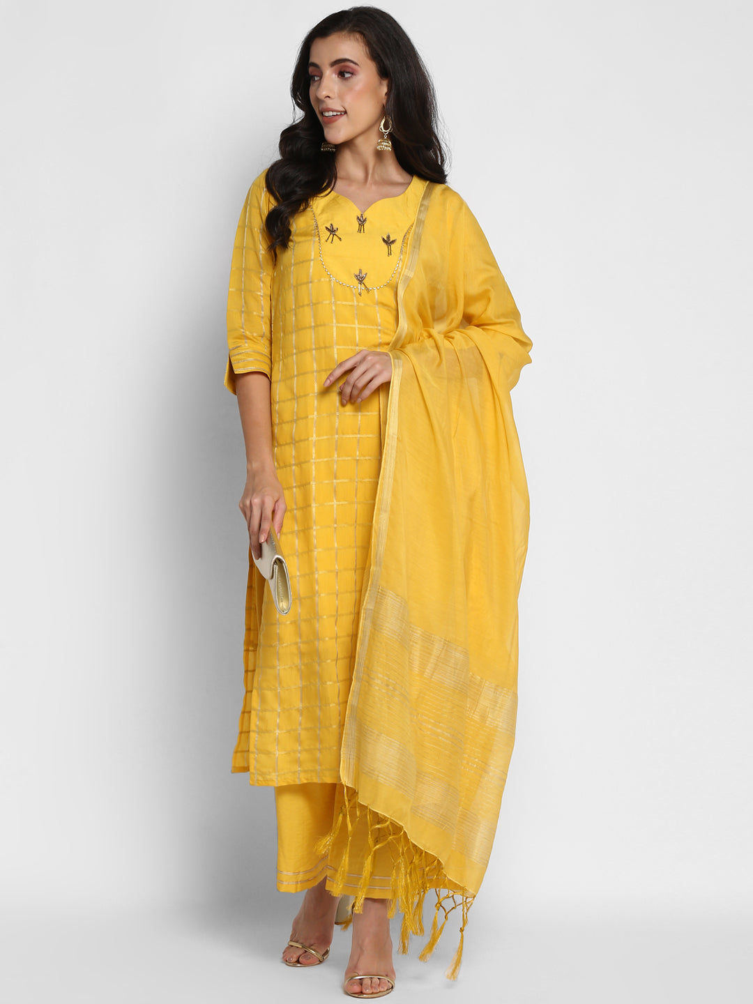 Women's Yellow Color Chanderi Silk Embroidered Straight Kurta Palazzo With Dupatta