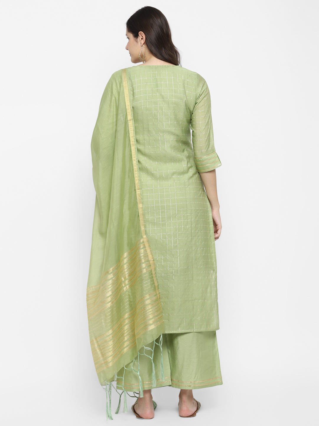 Women's Green Color Chanderi Silk Embroidered Straight Kurta Palazzo With Dupatta