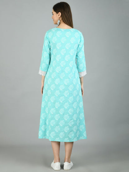 Women's Sky Blue Cotton Printed Full Sleeve V Neck Casual Dress