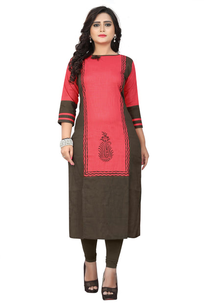 Women's Pink Color Cotton Straight Kurta  (1Pc)
