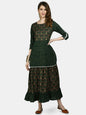 Women's Green Viscose Printed 3/4 Sleeve Round Neck Casual Dress