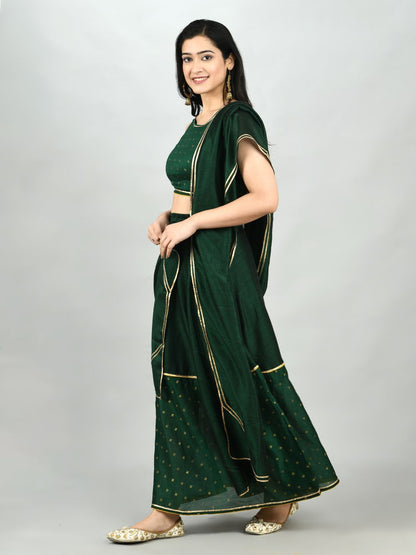 Green Georgette Printed Sleeveless Round Neck Casual Blouse Lehenga Dupatta Set
