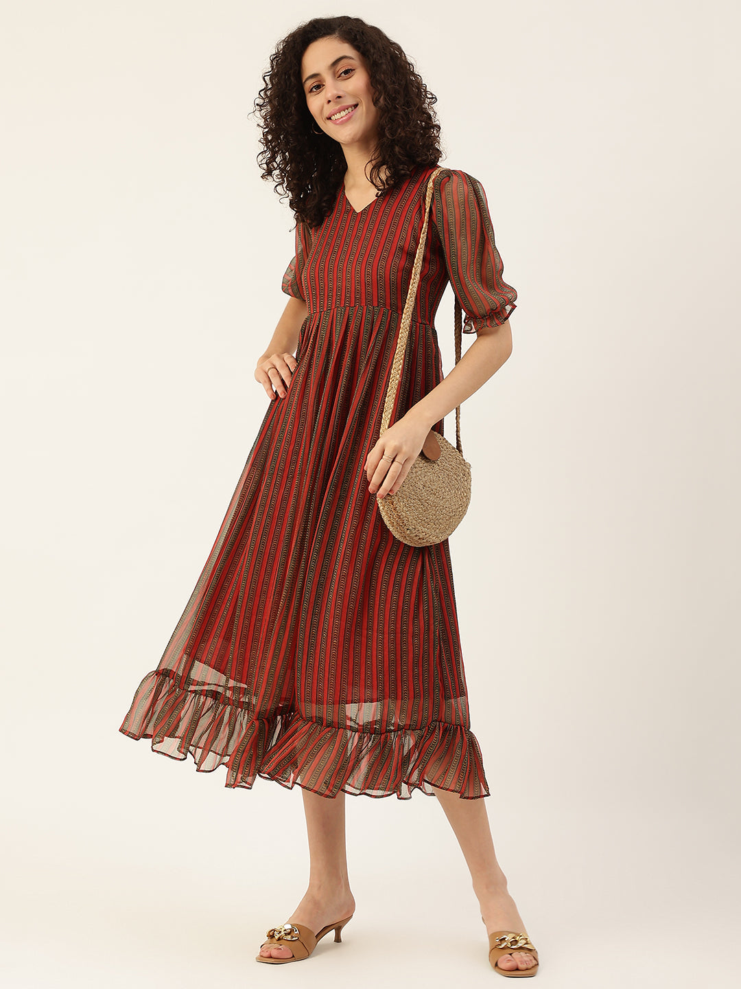 Women's Maroon Color Chiffon Flared Printed A-Line Striped Dress