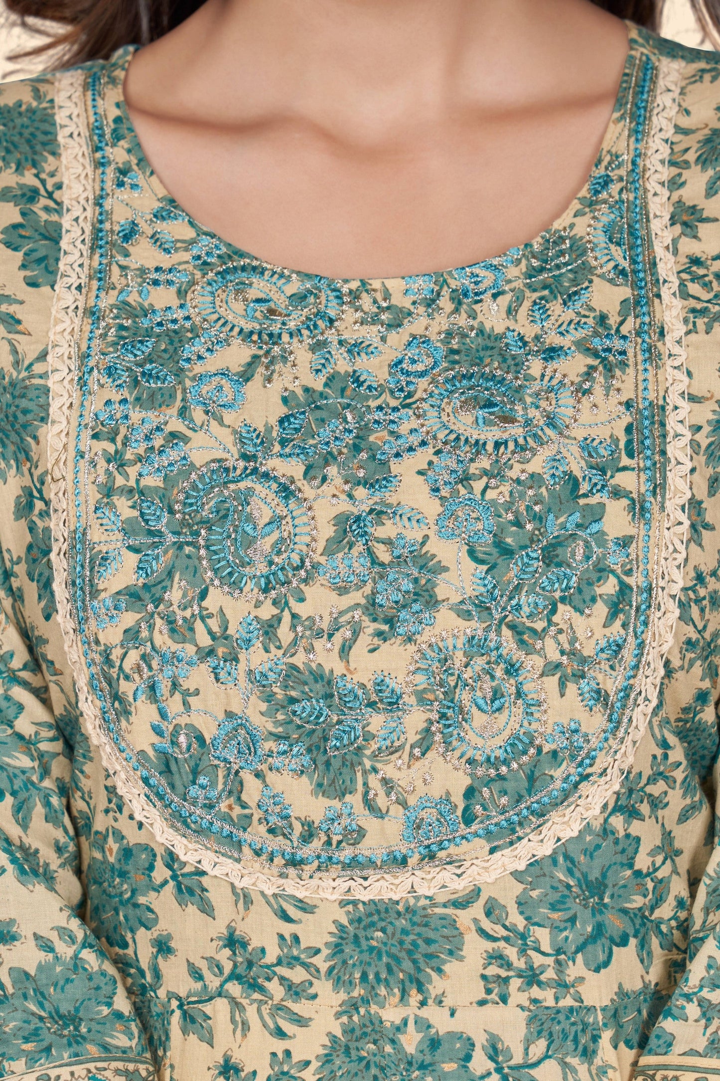 Women's Print & Embroidered A-Line Cotton Turquoise Stitched Kurta