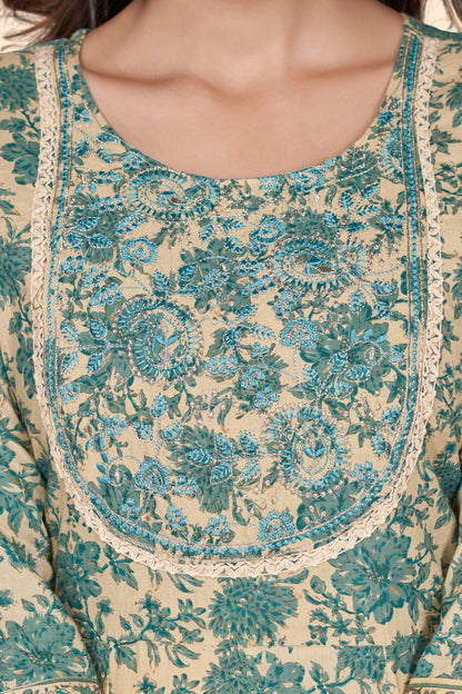Women's Print & Embroidered A-Line Cotton Turquoise Stitched Kurta
