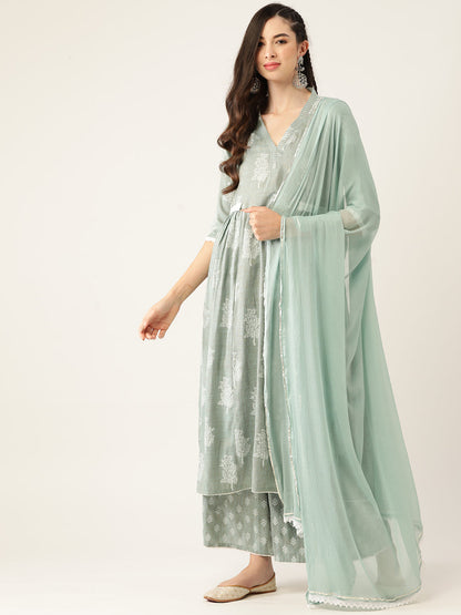Women's Green Color Rayon Blend Printed Kurta Palazzo With Dupatta