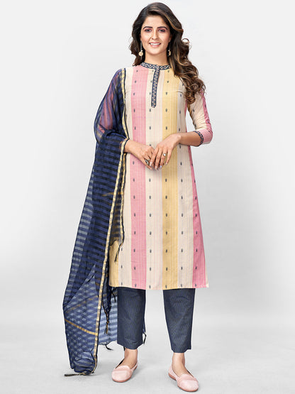 Women's Beige Multicolour Cotton Kurta With Pant & Dupatta By Vbuyz (3