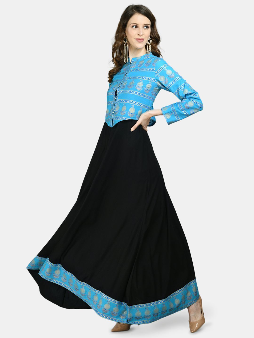 Women's Black Viscose Printed Full Sleeve Round Neck Casual Dress with  Jacket
