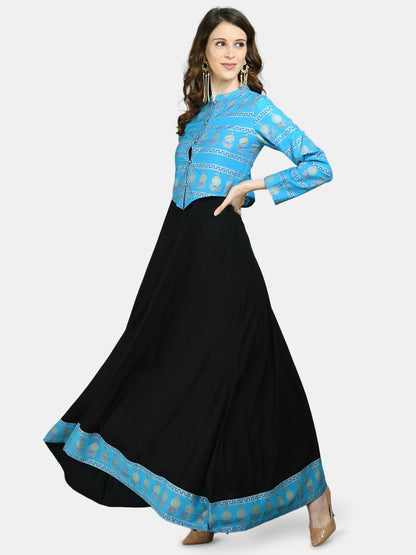 Women's Black Viscose Printed Full Sleeve Round Neck Casual Dress with  Jacket