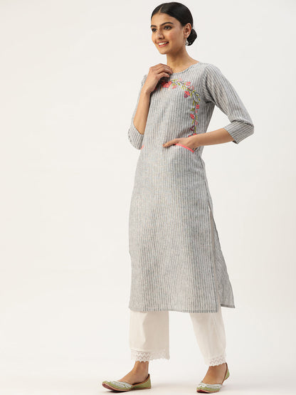 Women's Embroidered Cotton Blend Straight Kurta (Grey)