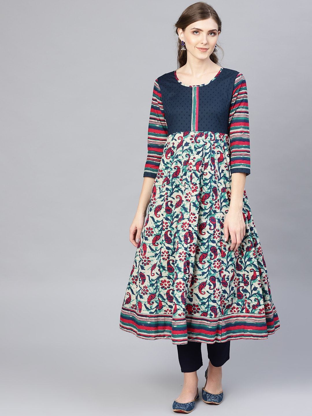 Women's  Off-White & Navy Blue Printed Anarkali Kurta