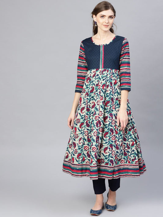 Women's  Off-White & Navy Blue Printed Anarkali Kurta