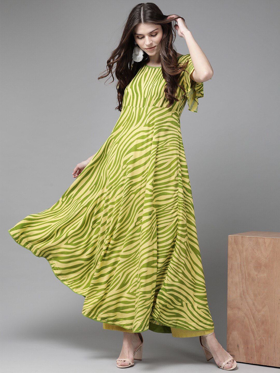 Women's  Yellow & Green Zebra Print Anarkali Kurta