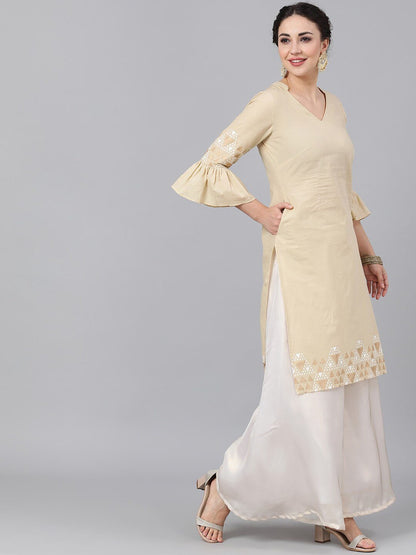 Women's  Beige Printed Straight Kurta
