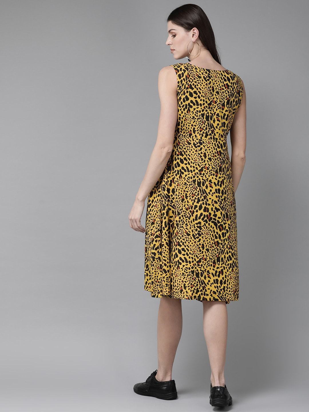 Women's  Yellow & Black Animal Printed Wrap Dress