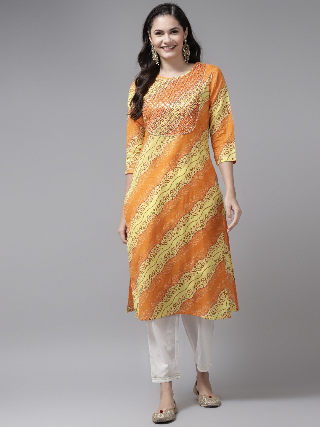 Women's Yellow & White Bandhani Printed Kurta Set