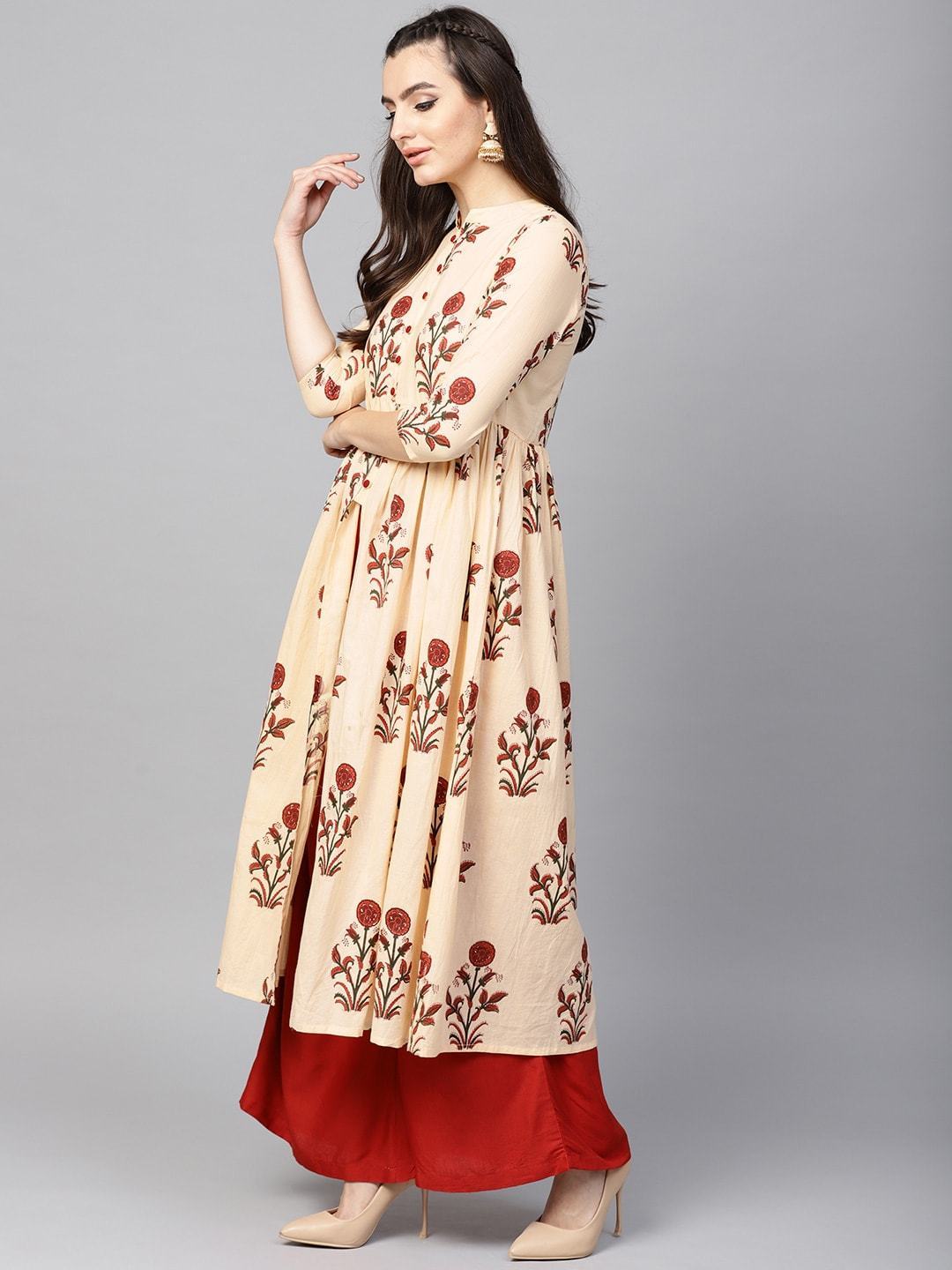 Women's  Cream-Coloured & Maroon Floral Print A-Line Kurta