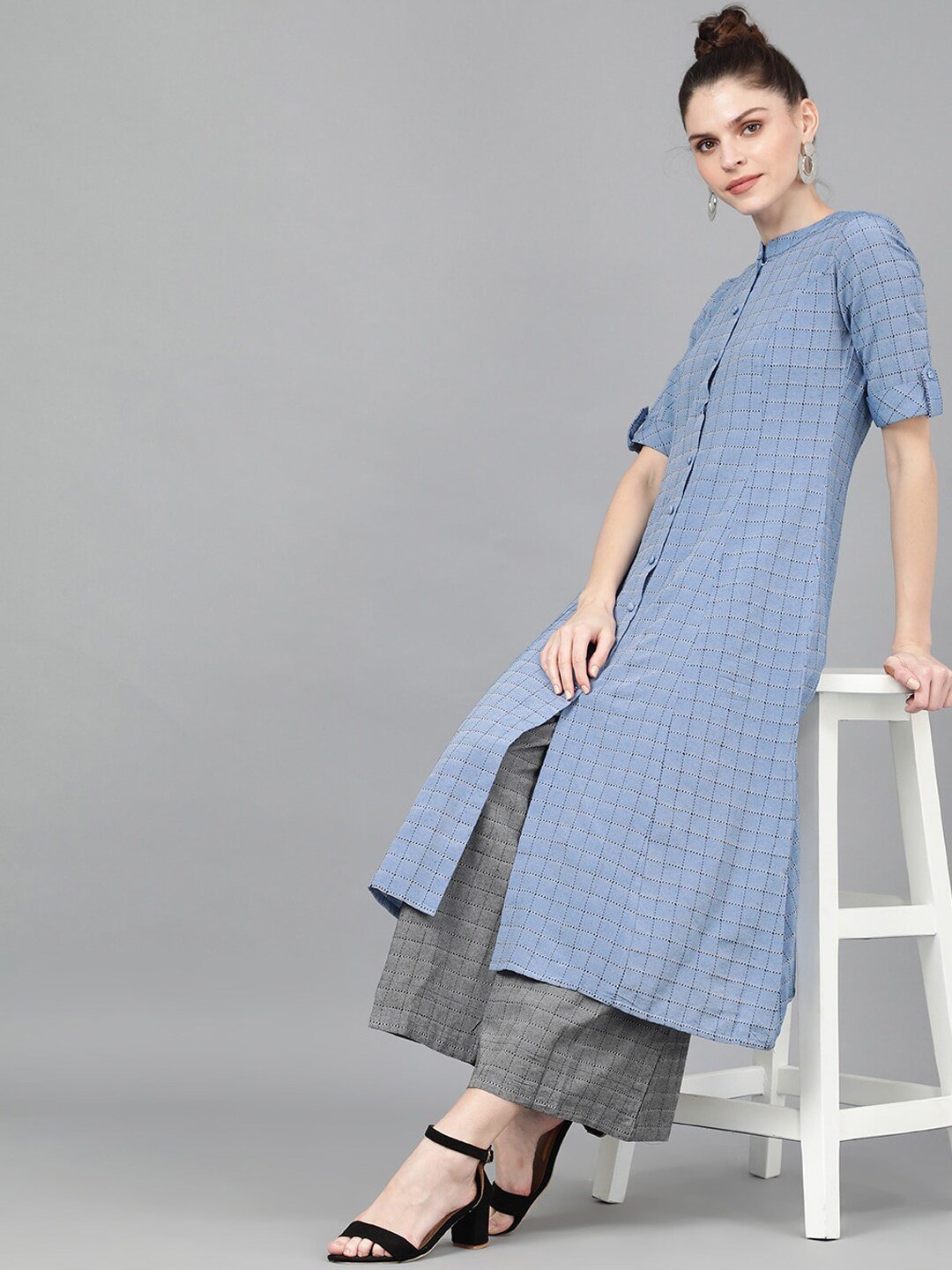 Women's  Blue Woven Design A-Line Kurta