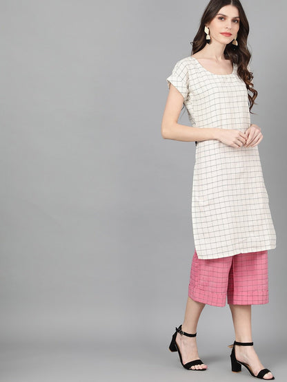 Women's  White & Pink Woven Design Kurta with Palazzos