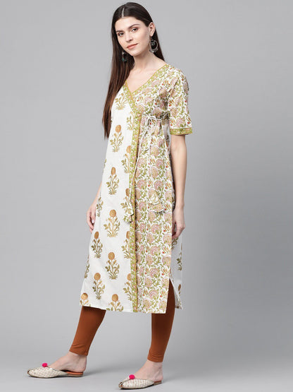 Women's  White & Green Angrakha Printed Straight Kurta
