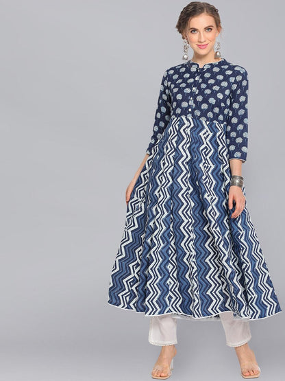 Women's  Navy Blue & White Printed Anarkali Kurta