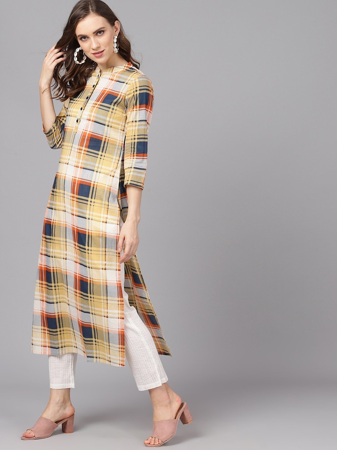 Women's  Yellow & Blue Checked Straight Kurta