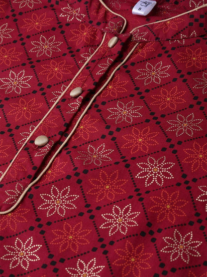Women's  Maroon & Orange Printed Kurta with Trousers
