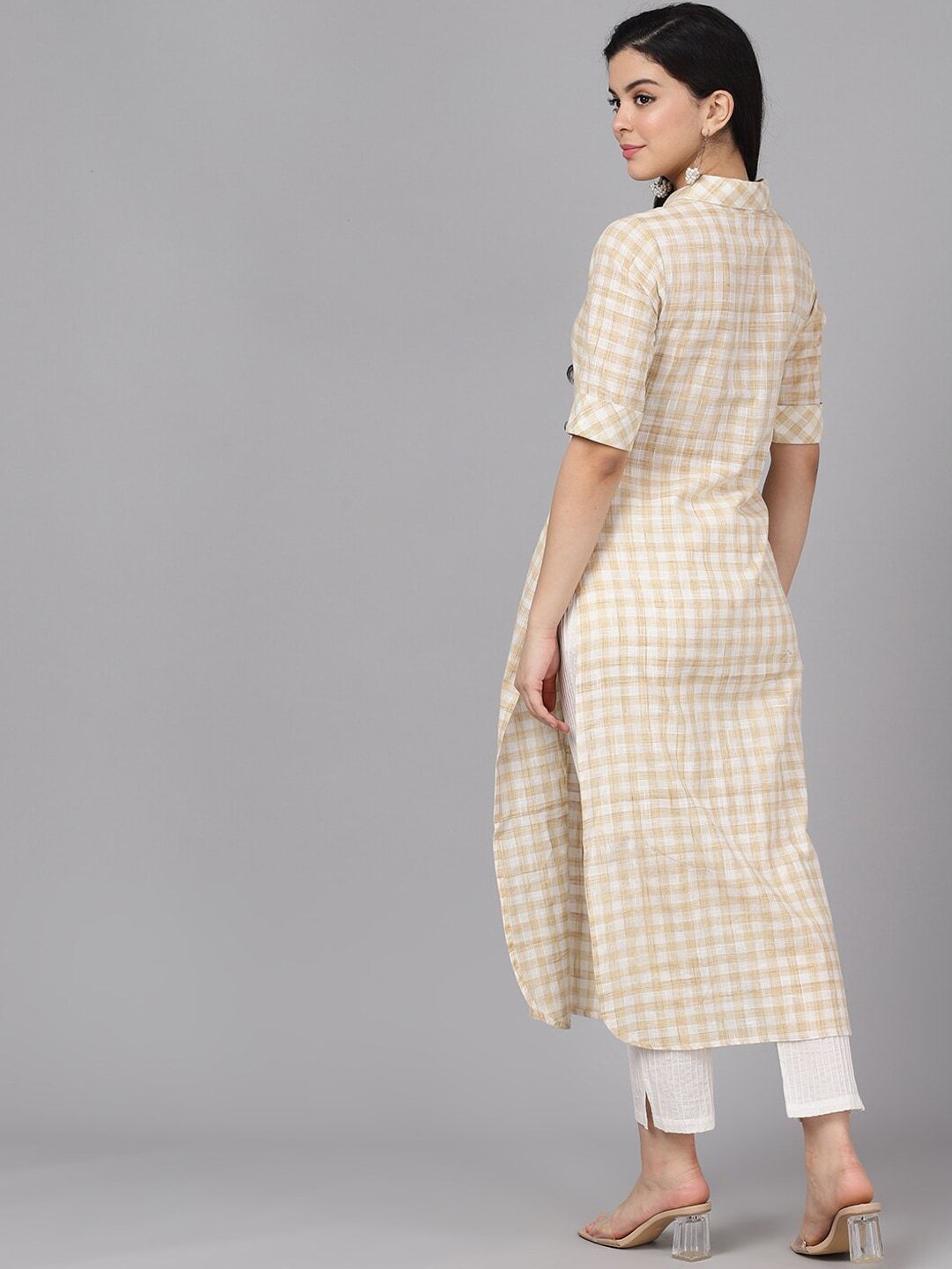 Women's  Cream-Coloured & White Checked Yarn Dyed Pathani Kurta