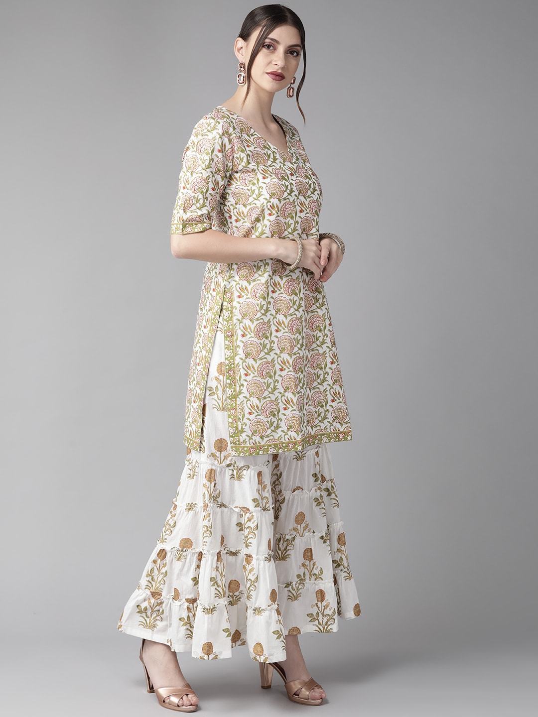 Women's  White & Olive Green Printed Kurta with Sharara & Dupatta
