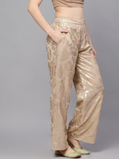 Women's  Beige & Gold-Toned Self Design Wide Leg Palazzos